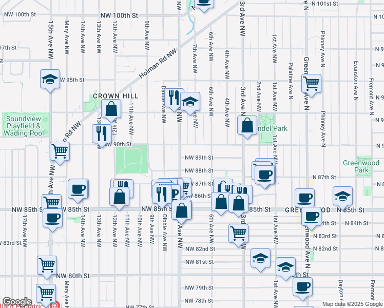 map of restaurants, bars, coffee shops, grocery stores, and more near 715 Northwest 90th Street in Seattle