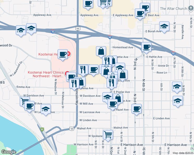 map of restaurants, bars, coffee shops, grocery stores, and more near 202 West Ironwood Drive in Coeur d'Alene