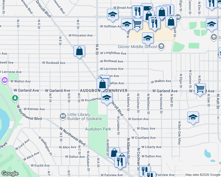 map of restaurants, bars, coffee shops, grocery stores, and more near 2726 West Garland Avenue in Spokane
