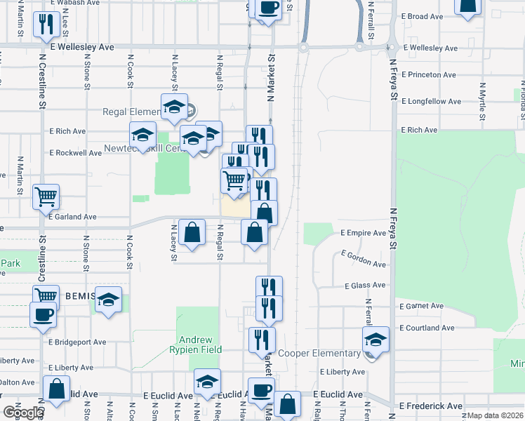 map of restaurants, bars, coffee shops, grocery stores, and more near 3909 N Market St in Spokane
