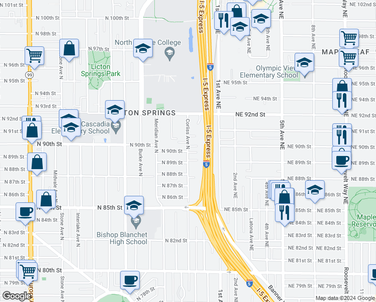 map of restaurants, bars, coffee shops, grocery stores, and more near Corliss Avenue North & North 90th Street in Seattle