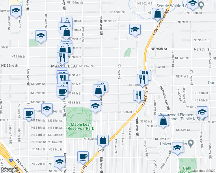 map of restaurants, bars, coffee shops, grocery stores, and more near 1510 Northeast 90th Street in Seattle