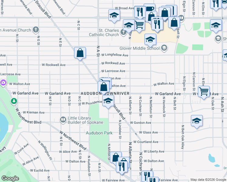 map of restaurants, bars, coffee shops, grocery stores, and more near 2709 West Walton Avenue in Spokane