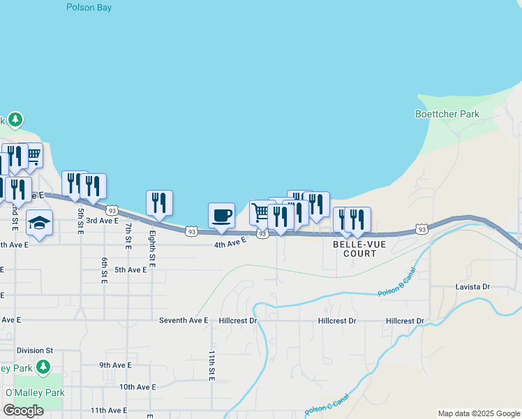 map of restaurants, bars, coffee shops, grocery stores, and more near 1207 U.S. 93 in Polson