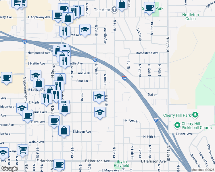 map of restaurants, bars, coffee shops, grocery stores, and more near 1909 North 9th Street in Coeur d'Alene
