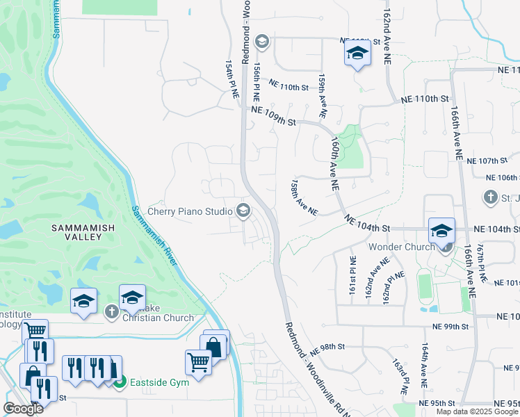map of restaurants, bars, coffee shops, grocery stores, and more near 10398 157th Place Northeast in Redmond