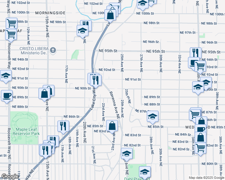 map of restaurants, bars, coffee shops, grocery stores, and more near 2380 Northeast 90th Street in Seattle