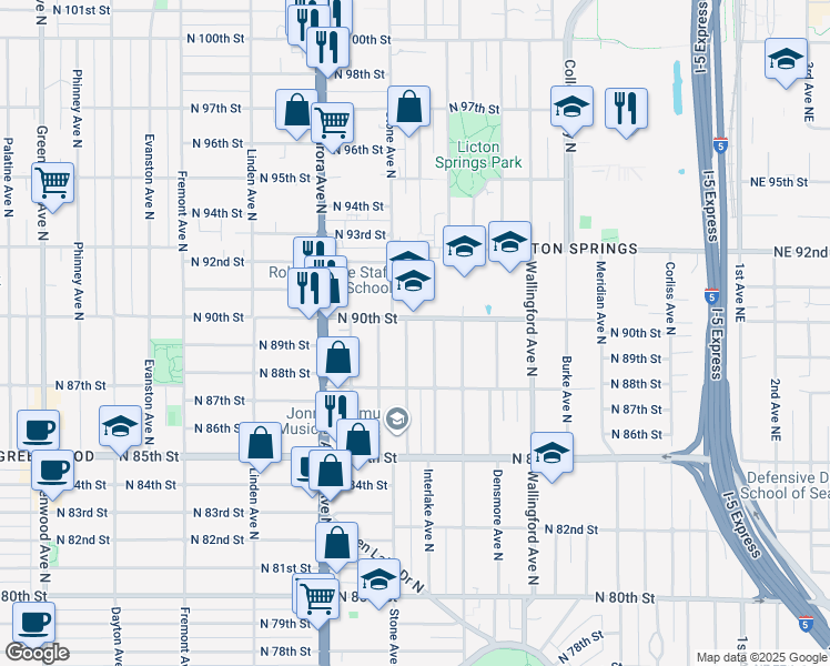 map of restaurants, bars, coffee shops, grocery stores, and more near 1215 North 90th Street in Seattle