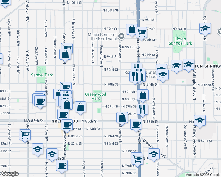 map of restaurants, bars, coffee shops, grocery stores, and more near 719 North 90th Street in Seattle