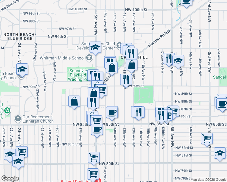 map of restaurants, bars, coffee shops, grocery stores, and more near 1401 Northwest 90th Street in Seattle