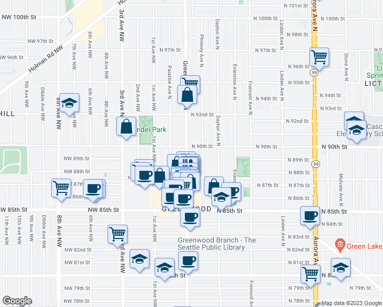 map of restaurants, bars, coffee shops, grocery stores, and more near 8760 Greenwood Avenue North in Seattle