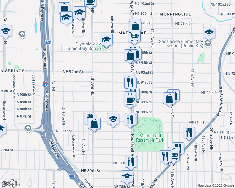 map of restaurants, bars, coffee shops, grocery stores, and more near 813 Northeast 90th Street in Seattle
