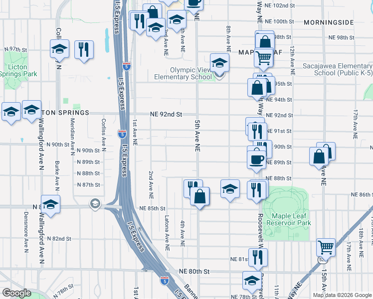 map of restaurants, bars, coffee shops, grocery stores, and more near 341 Northeast 90th Street in Seattle