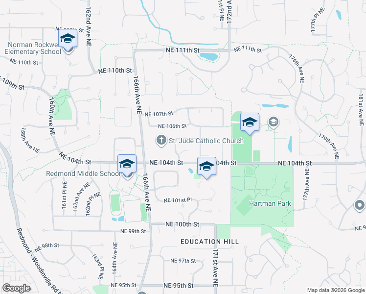 map of restaurants, bars, coffee shops, grocery stores, and more near 16808 Northeast 104th Court in Redmond