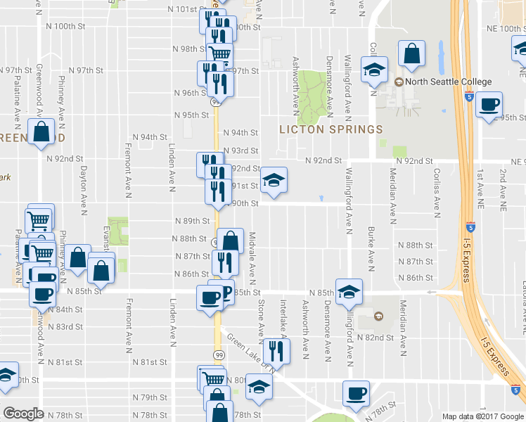 map of restaurants, bars, coffee shops, grocery stores, and more near 8851 Stone Avenue North in Seattle