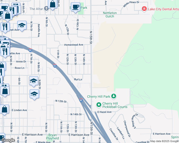 map of restaurants, bars, coffee shops, grocery stores, and more near 1907 North 15th Street in Coeur d'Alene