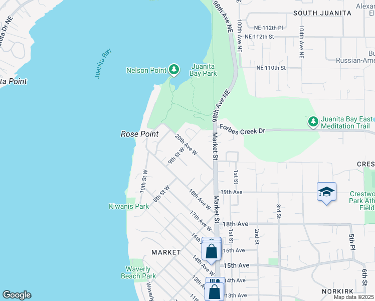 map of restaurants, bars, coffee shops, grocery stores, and more near 831 20th Avenue West in Kirkland