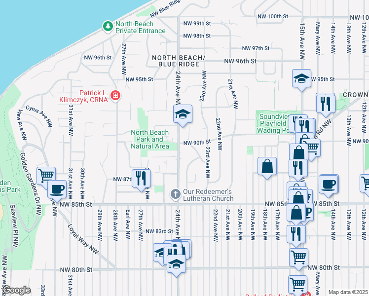 map of restaurants, bars, coffee shops, grocery stores, and more near 2383 Northwest 90th Street in Seattle