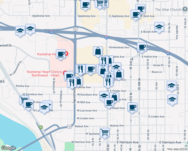 map of restaurants, bars, coffee shops, grocery stores, and more near 202 West Ironwood Drive in Coeur d'Alene