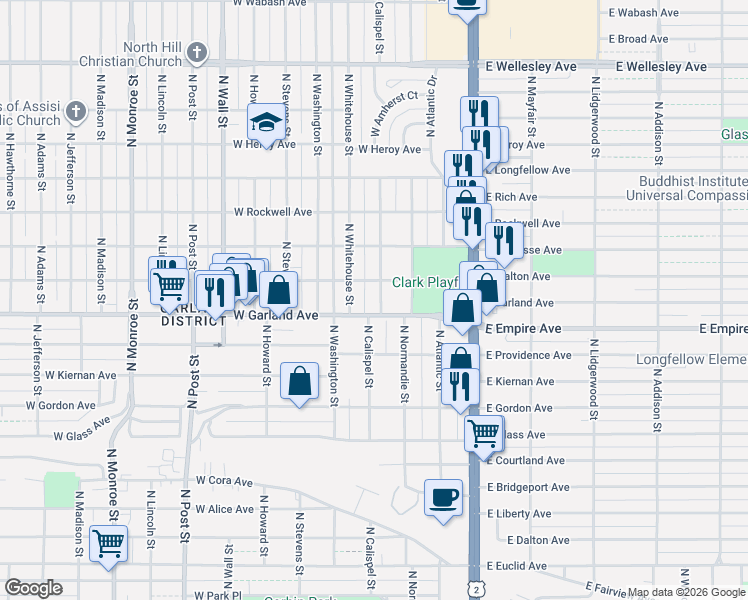 map of restaurants, bars, coffee shops, grocery stores, and more near 3911 North Calispel Street in Spokane