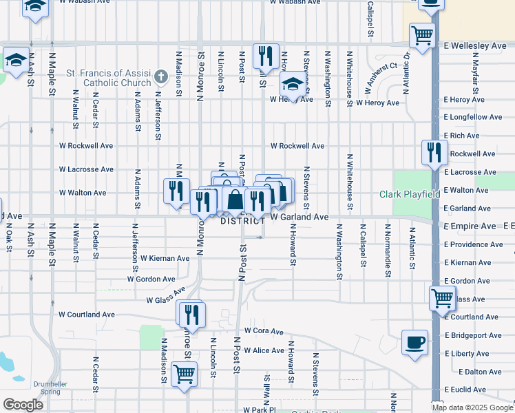 map of restaurants, bars, coffee shops, grocery stores, and more near 3918 North Post Street in Spokane