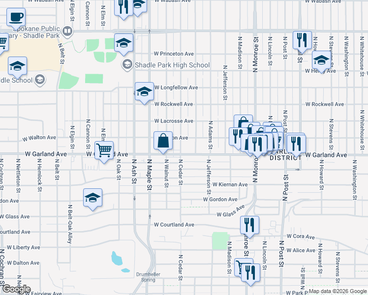 map of restaurants, bars, coffee shops, grocery stores, and more near 3920 North Cedar Street in Spokane