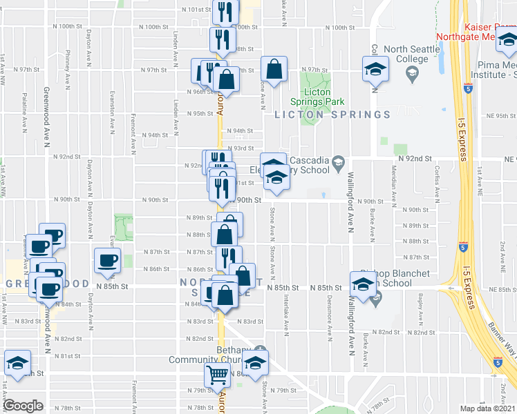 map of restaurants, bars, coffee shops, grocery stores, and more near 1215 North 90th Street in Seattle
