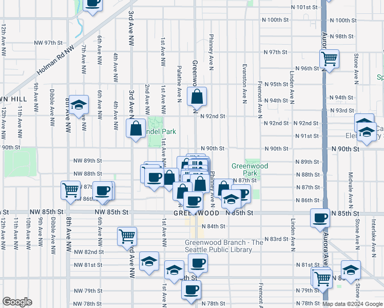map of restaurants, bars, coffee shops, grocery stores, and more near 8760 Greenwood Avenue North in Seattle