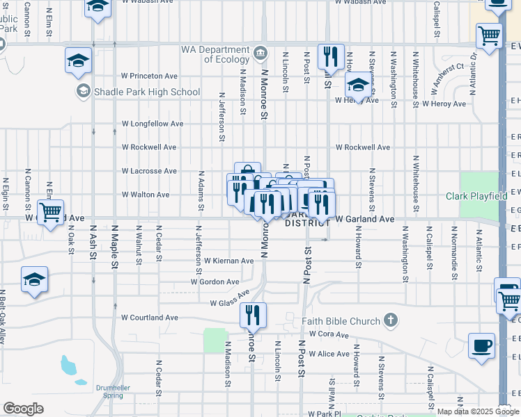 map of restaurants, bars, coffee shops, grocery stores, and more near 3915 North Monroe Street in Spokane