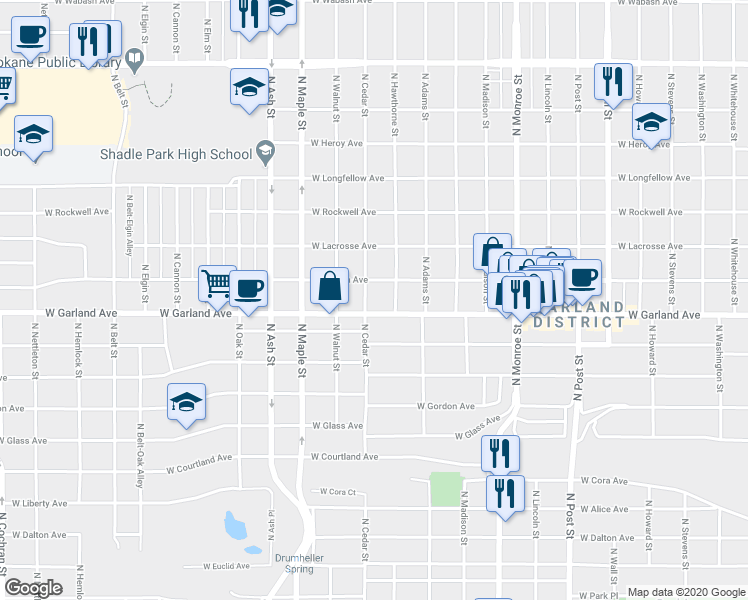 map of restaurants, bars, coffee shops, grocery stores, and more near 3912 North Cedar Street in Spokane