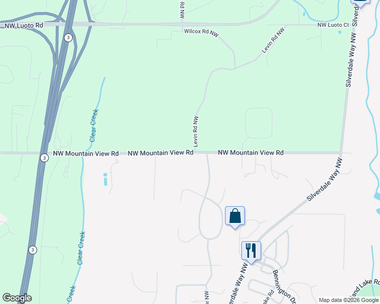 map of restaurants, bars, coffee shops, grocery stores, and more near 1672 Northwest Mountain View Road in Silverdale