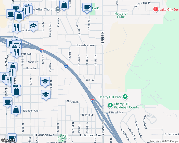 map of restaurants, bars, coffee shops, grocery stores, and more near 1906 North 13th Street in Coeur d'Alene