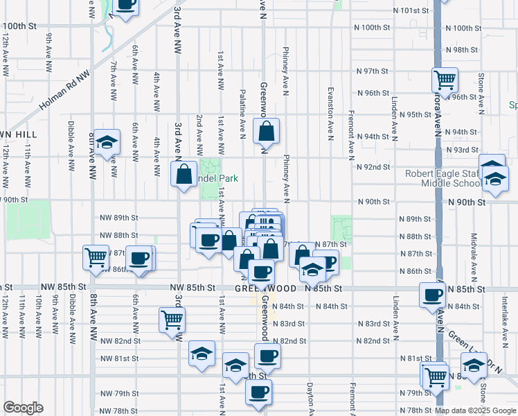 map of restaurants, bars, coffee shops, grocery stores, and more near 8760 Greenwood Avenue North in Seattle