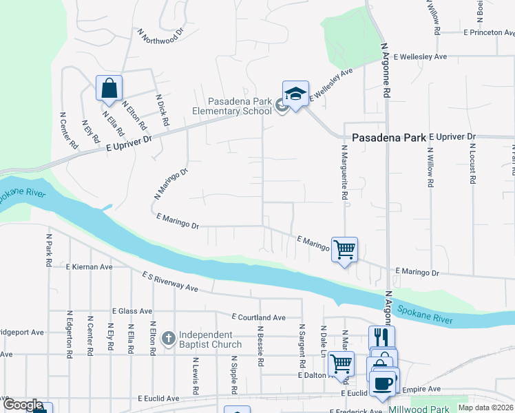 map of restaurants, bars, coffee shops, grocery stores, and more near 4023 North Bessie Road in Spokane