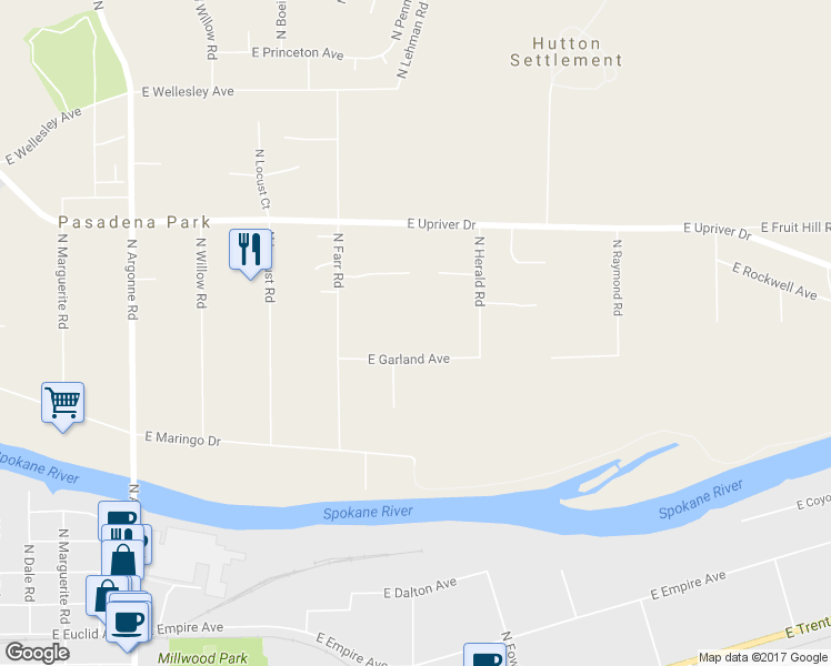 map of restaurants, bars, coffee shops, grocery stores, and more near 9903 East Garland Avenue in Spokane