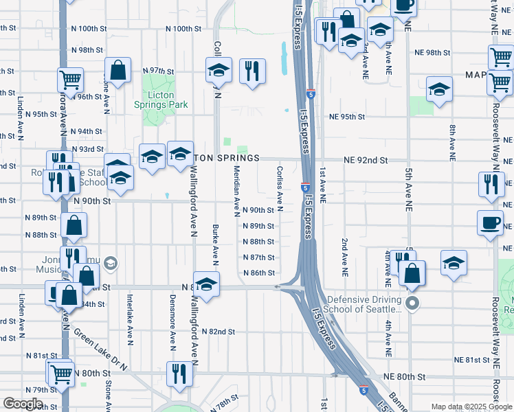 map of restaurants, bars, coffee shops, grocery stores, and more near 2130 North 90th Street in Seattle
