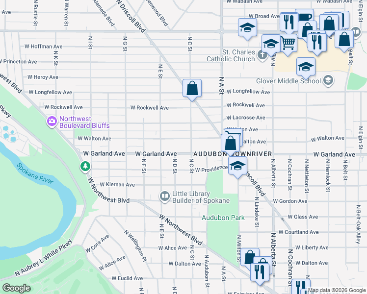 map of restaurants, bars, coffee shops, grocery stores, and more near 3114 West Garland Avenue in Spokane