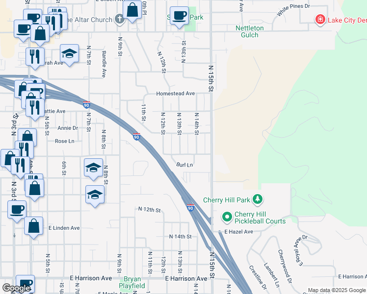 map of restaurants, bars, coffee shops, grocery stores, and more near 1906 North 13th Street in Coeur d'Alene