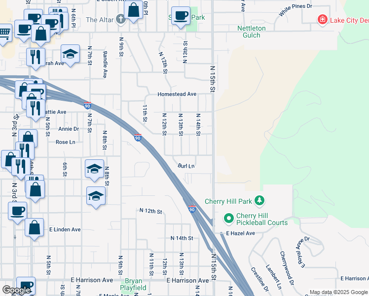 map of restaurants, bars, coffee shops, grocery stores, and more near 1906 North 13th Street in Coeur d'Alene