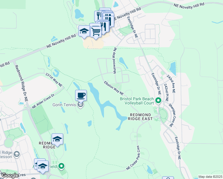 map of restaurants, bars, coffee shops, grocery stores, and more near 10751 Elliston Way Northeast in Redmond