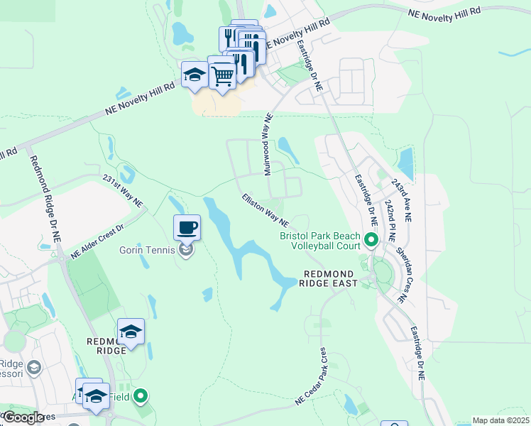 map of restaurants, bars, coffee shops, grocery stores, and more near 10751 Elliston Way Northeast in Redmond