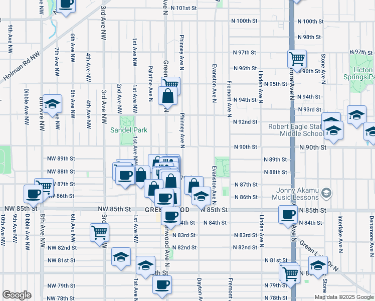 map of restaurants, bars, coffee shops, grocery stores, and more near 411 North 90th Street in Seattle
