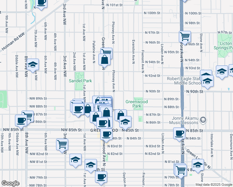 map of restaurants, bars, coffee shops, grocery stores, and more near 411 North 90th Street in Seattle