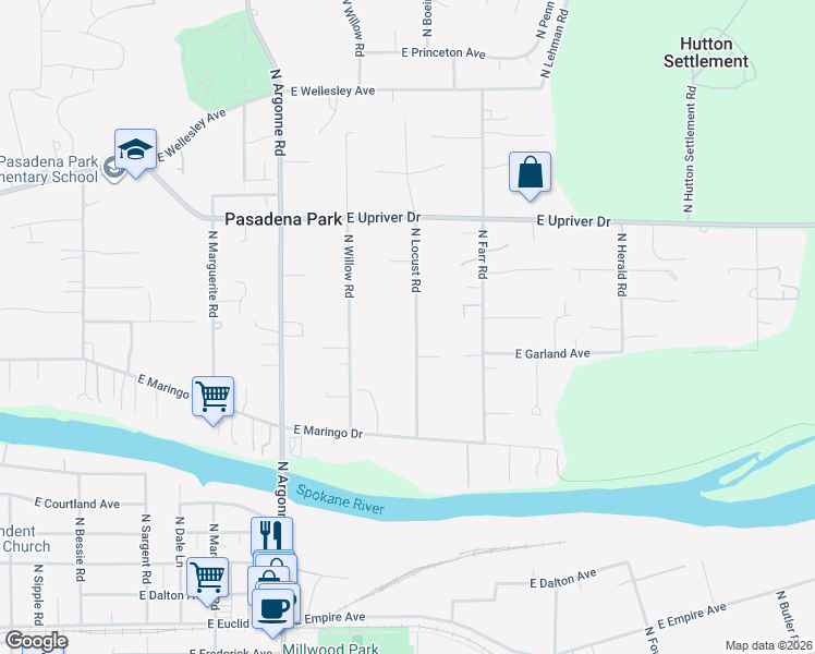 map of restaurants, bars, coffee shops, grocery stores, and more near 4021 North Locust Road in Spokane