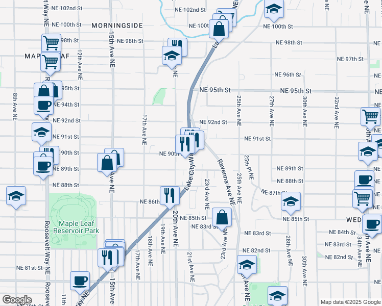 map of restaurants, bars, coffee shops, grocery stores, and more near 9000 Lake City Way Northeast in Seattle