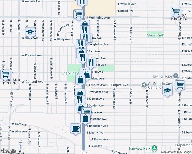 map of restaurants, bars, coffee shops, grocery stores, and more near 35 East Garland Avenue in Spokane