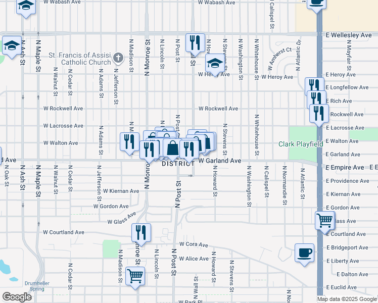 map of restaurants, bars, coffee shops, grocery stores, and more near in Spokane