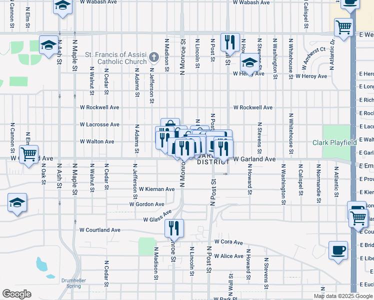 map of restaurants, bars, coffee shops, grocery stores, and more near 3915 North Monroe Street in Spokane