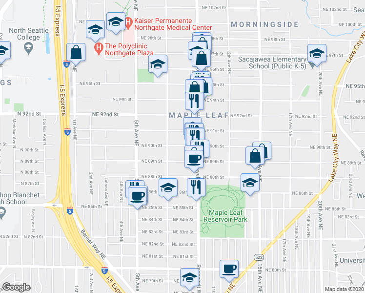 map of restaurants, bars, coffee shops, grocery stores, and more near 831 Northeast 90th Street in Seattle