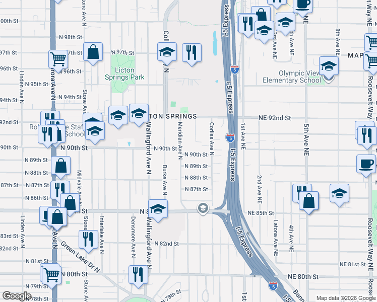 map of restaurants, bars, coffee shops, grocery stores, and more near 2130 North 90th Street in Seattle